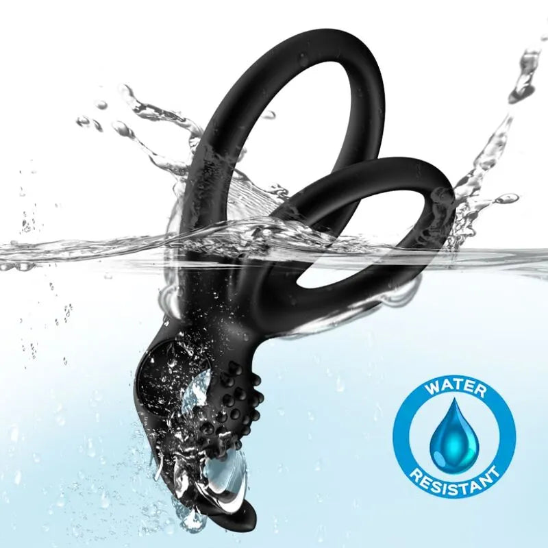 Anneau pénien noir en silicone médical vibrant, double anneaux ergonomiques, étanche, immergé dans l'eau.