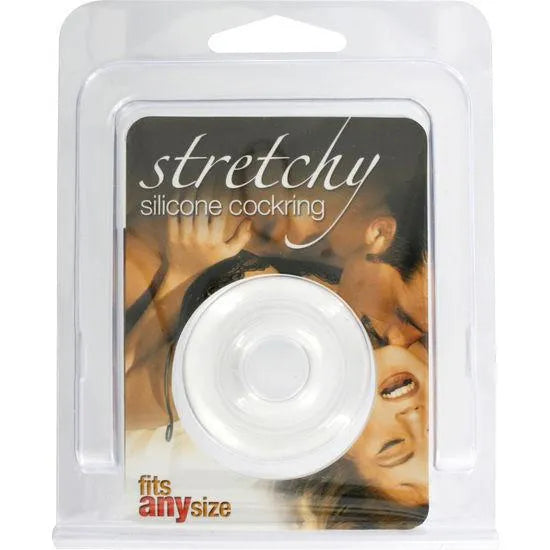 Anneau pénien silicone transparent, flexible et étanche, dans emballage plastique avec fond illustré, discret et performant.