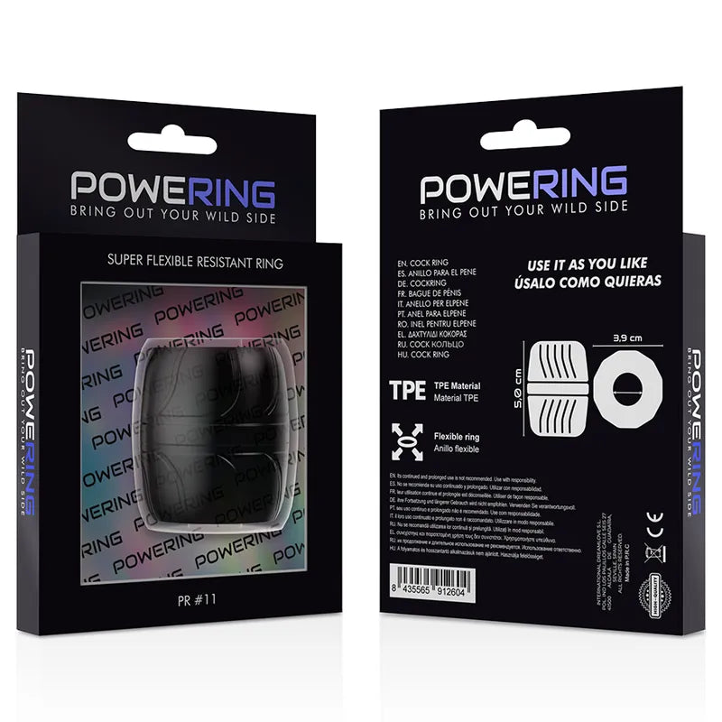 Anneau pénien noir TPE hypoallergénique, ergonomique, dans emballage, pour érection ferme et durable, facile à nettoyer.