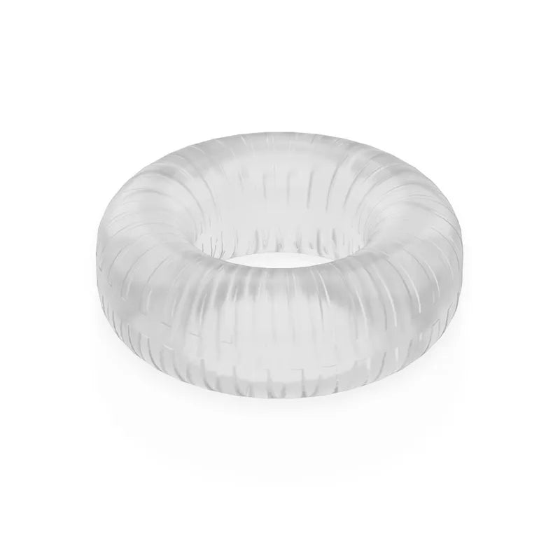 Anneau pénien transparent en TPE hypoallergénique, souple et texturé, pour érection ferme et prolongée.