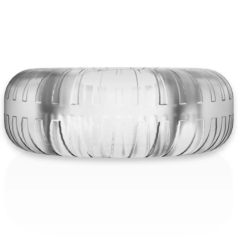 Anneau pénien transparent en TPE hypoallergénique, texture nervurée, améliore érection, confort et performance.