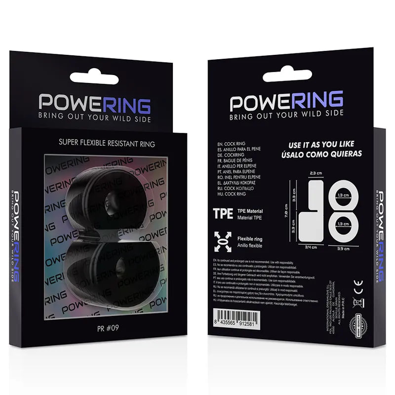 Anneau pénien noir TPE hypoallergénique, forme circulaire, emballage Powering, amélioration érection, confort optimal.