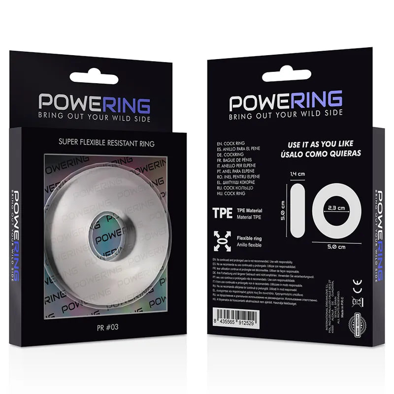 Anneau pénien TPE gris, hypoallergénique, ergonomique, dans emballage noir avec détails produit et dimensions visibles.
