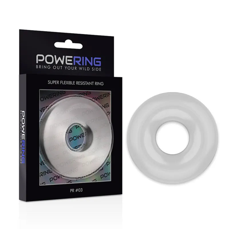 Anneau pénien hypoallergénique TPE gris, ergonomique et flexible, dans emballage noir avec logo PowerRing.
