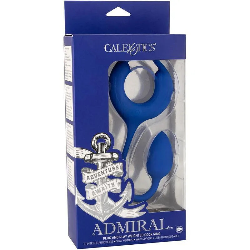 Anneau pénien bleu en silicone avec vibrations, dans un emballage bleu et blanc, étanche et rechargeable.