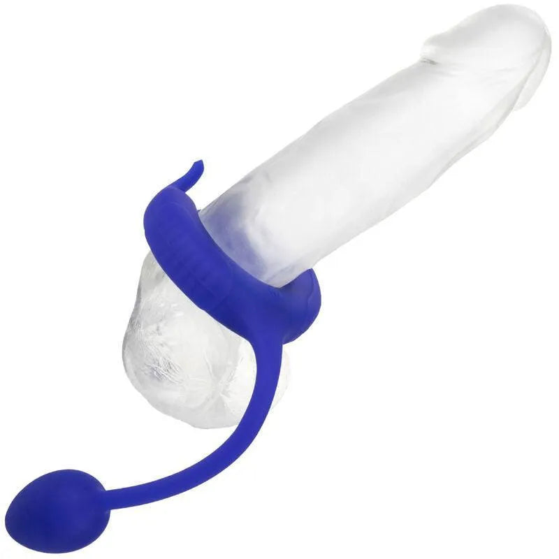 Anneau pénien bleu en silicone doux, extensible, avec deux moteurs et 10 fonctions de vibration, sur fond blanc.