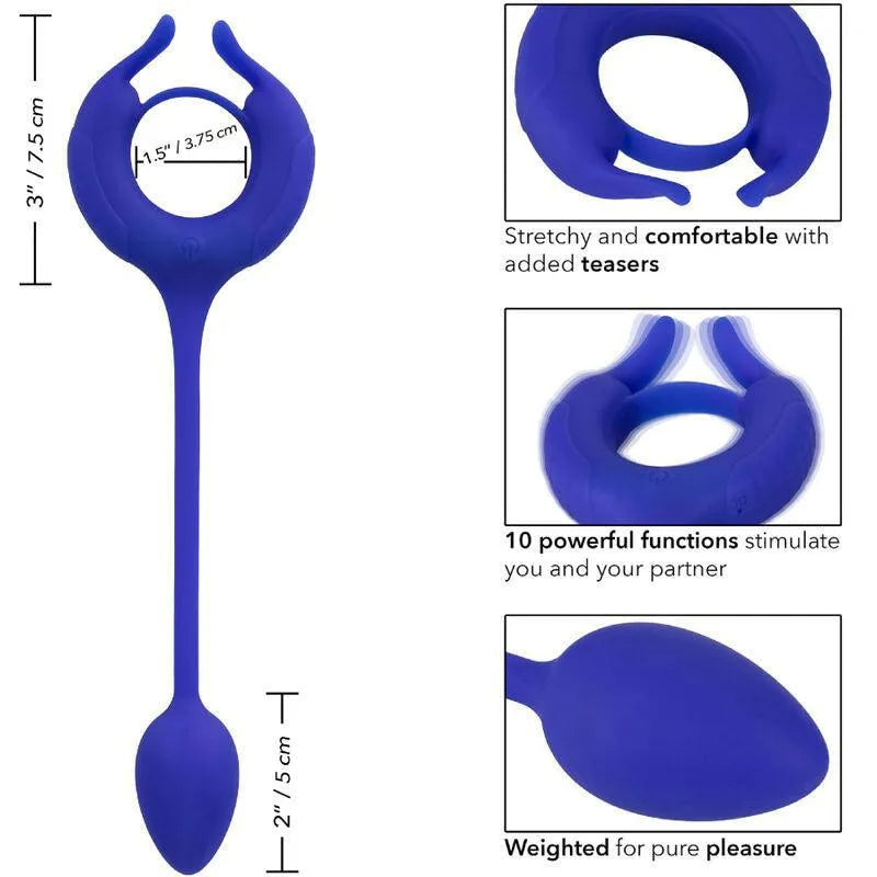 Anneau pénien bleu en silicone extensible avec deux moteurs, 10 fonctions de vibrations, étanche et rechargeable.