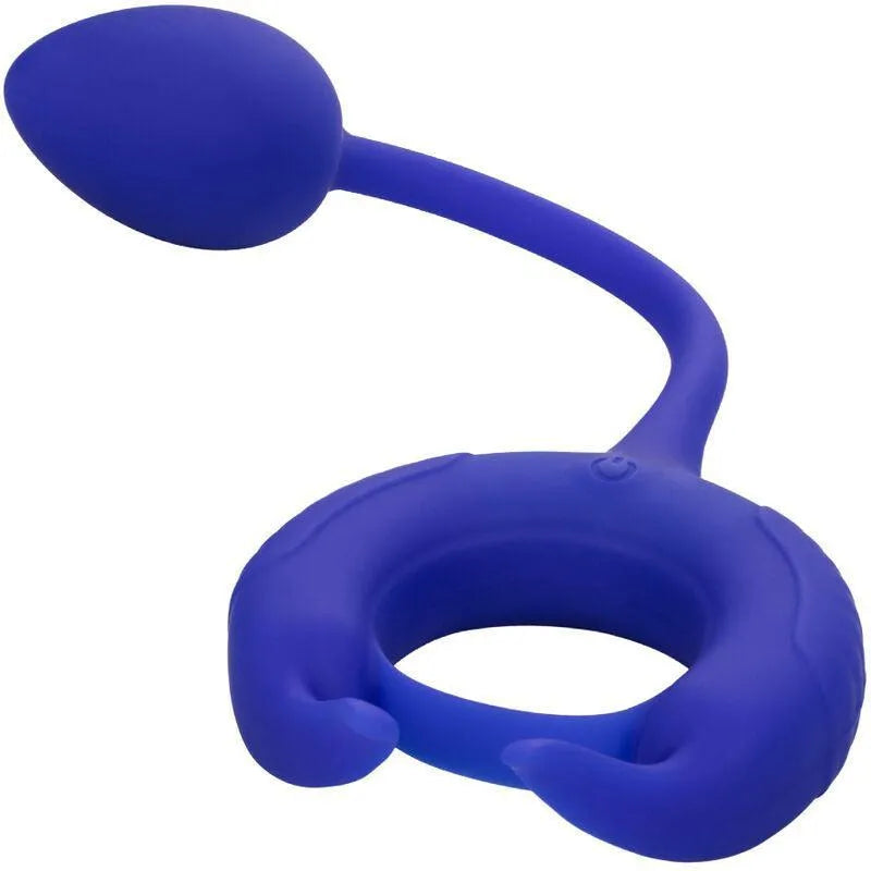 Anneau pénien bleu en silicone extensible avec moteur vibrant, design ergonomique, pour plaisir intense et confort optimal.