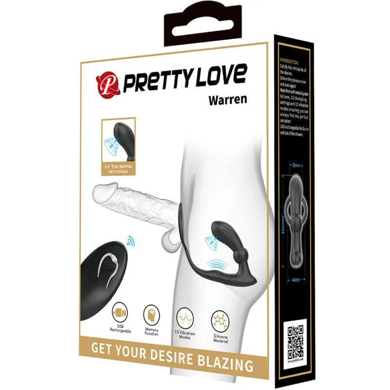 Anneau pénien noir vibrant en silicone avec plug anal, télécommande sans fil, 12 modes, sur fond blanc.