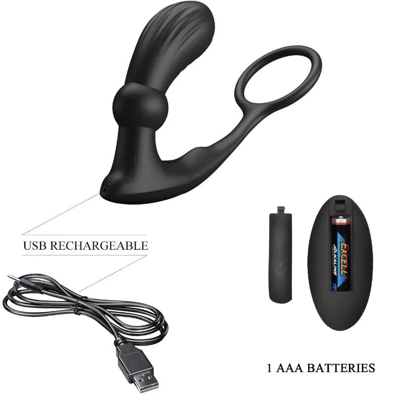 Anneau pénien noir avec plug anal vibrant, télécommande sans fil, silicone doux, 12 modes, rechargeable USB.
