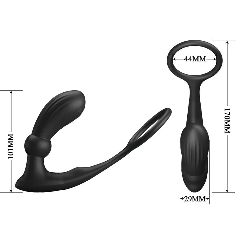 Anneau pénien noir avec plug anal vibrant, silicone doux, télécommande, 12 modes, ergonomique, rechargeable, intime.