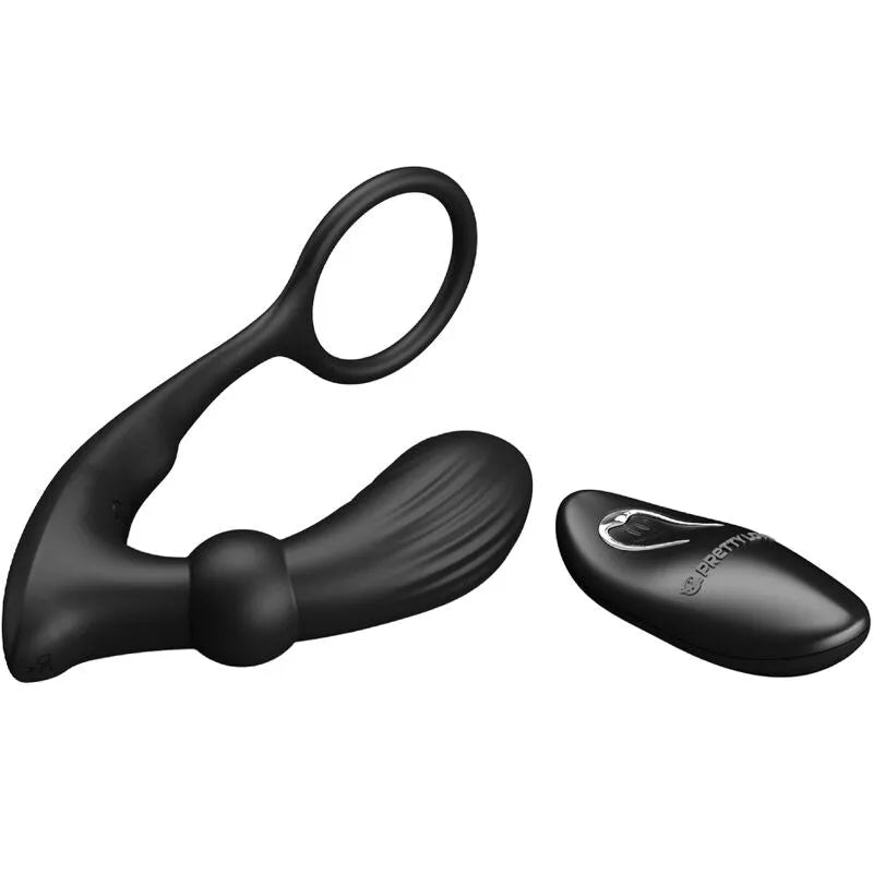 Anneau pénien noir en silicone avec plug anal vibrant et télécommande, 12 modes, design ergonomique et rechargeable.