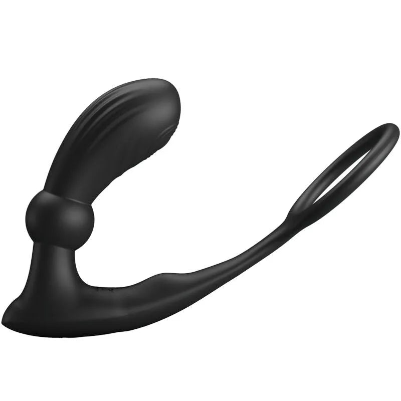 Anneau pénien noir avec plug anal vibrant en silicone, télécommande sans fil, 12 modes, design ergonomique et doux.