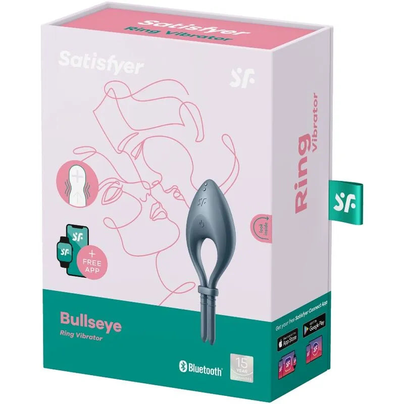 Anneau pénien vibrant Bullseye gris en silicone médical, réglable, sur fond de boîte rose avec illustrations et logos.
