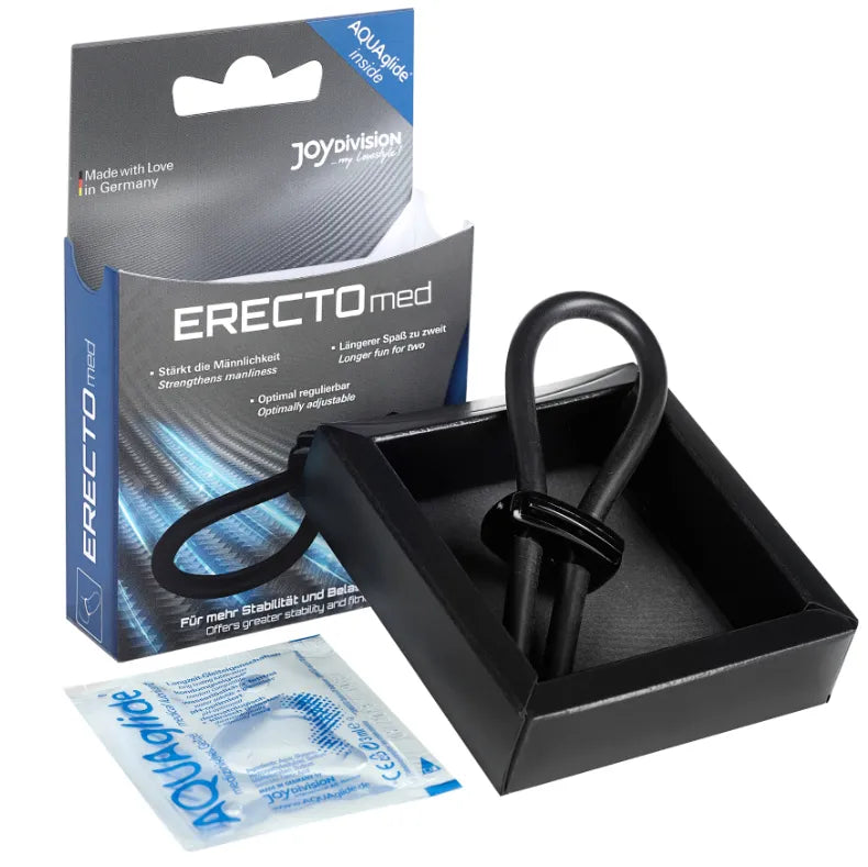 Anneau pénien réglable noir en silicone médical, avec boîte et lubrifiant, améliore l'érection, sans phtalates ni BPA.