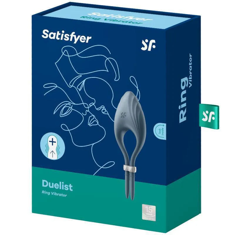 Anneau pénien silicone bleu ajustable avec moteur vibrant, sur fond de boîte bleue illustrée, pour couples.