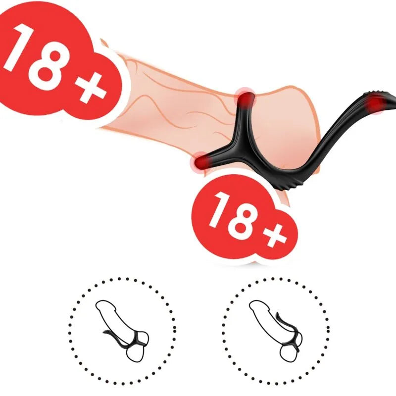 Anneau pénien noir silicone ergonomique, double extensible, maintien testiculaire, hypoallergénique, Armony.