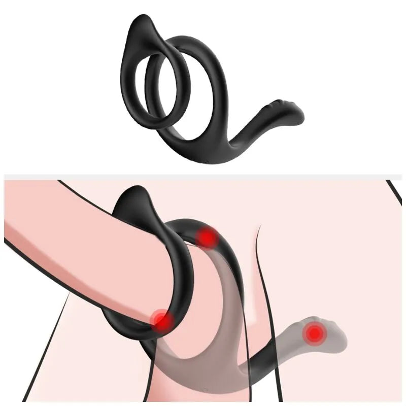 Anneau pénien noir en silicone médical, design ergonomique double anneau, stimulation testiculaire, confort et sécurité.