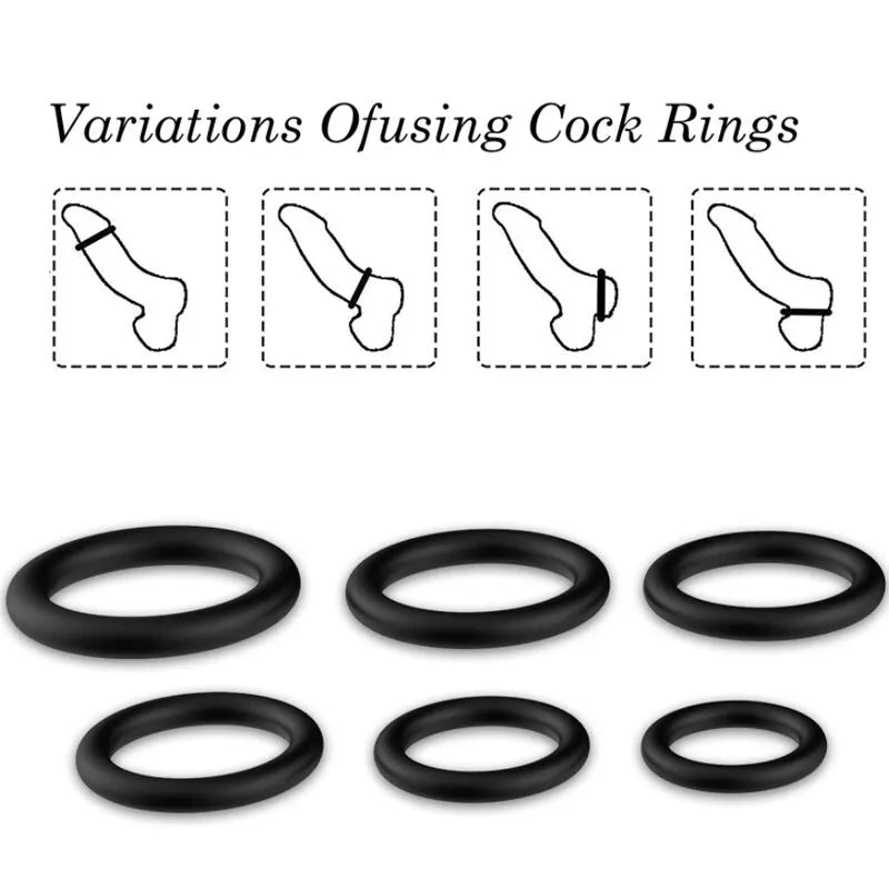 Anneaux ergonomiques en silicone noir, six tailles, pour endurance et plaisir accrus, confort et adhérence optimisés.