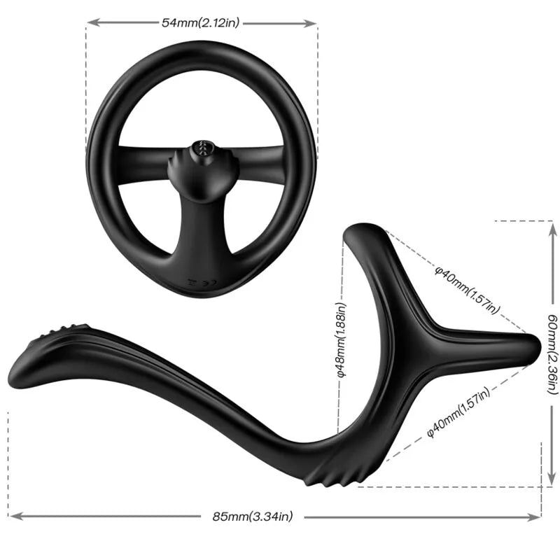 Anneau pénien noir en silicone médical, design ergonomique double, extensible, maintien testiculaire, dimensions visibles.