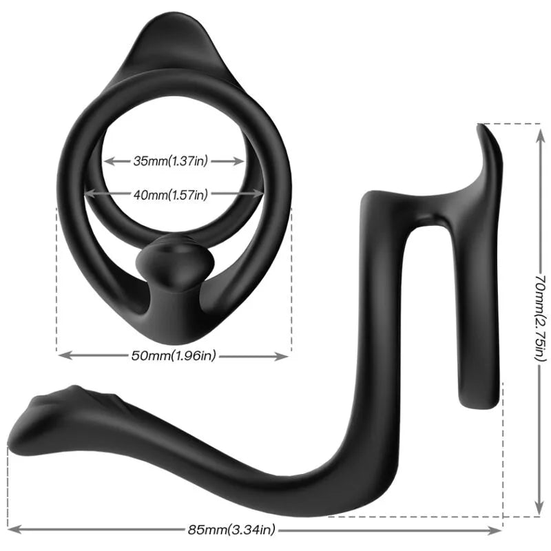 Anneau pénien noir en silicone médical, design ergonomique double pression, dimensions indiquées, confort et sécurité.