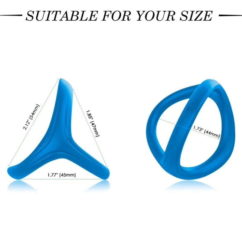 Anneau érectile bleu en silicone ergonomique, forme triangulaire, extensible, pour confort et intensification des érections.