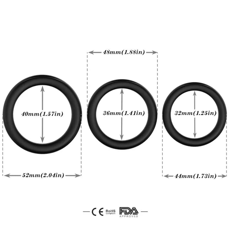 Anneau pénien silicone noir, ergonomique, trois tailles, confort et sécurité, endurance et stimulation optimisées.