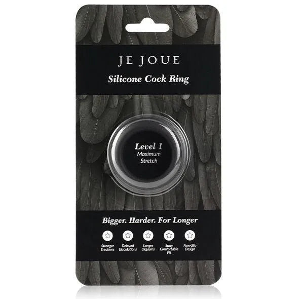Anneau pénien noir en silicone extensible, design antidérapant, emballage élégant, confort optimal pour érections prolongées.