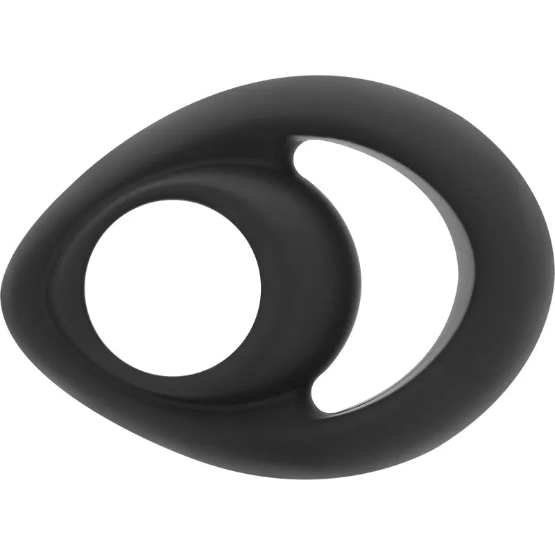 Anneau pénien noir en silicone hypoallergénique avec support scrotal intégré, extensible et doux pour plaisir prolongé.