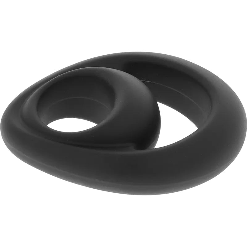 Anneau pénien noir en silicone hypoallergénique, forme ergonomique, support scrotal intégré, pour plaisir prolongé.