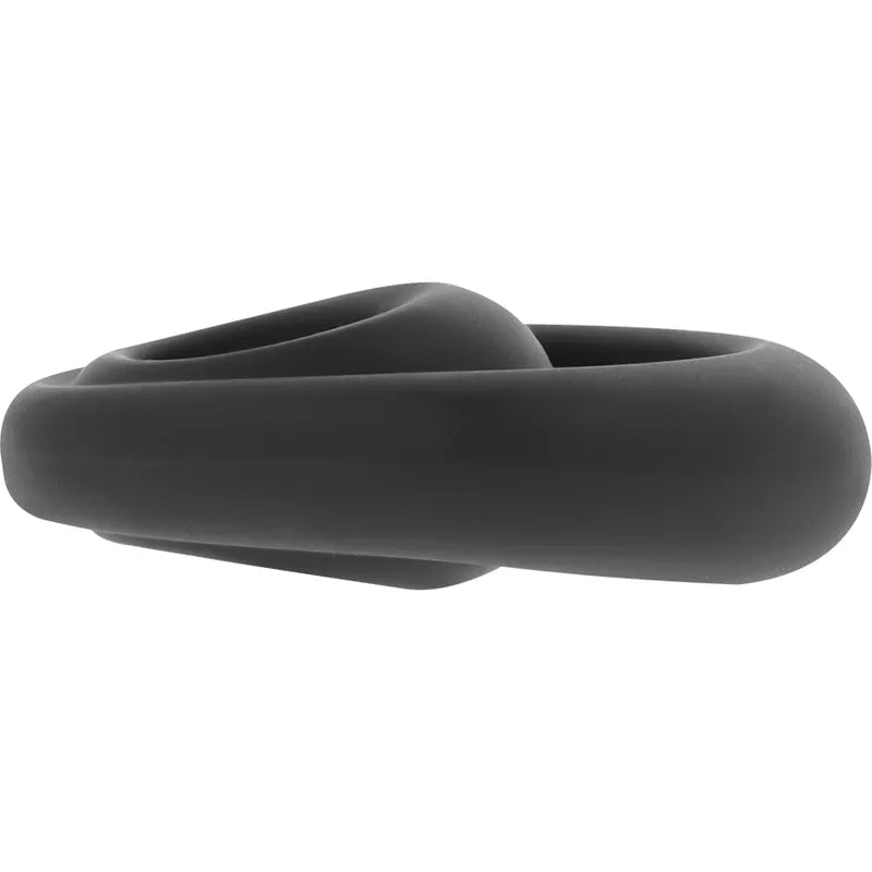 Anneau pénien noir en silicone hypoallergénique avec support scrotal intégré, extensible et doux pour plaisir prolongé.