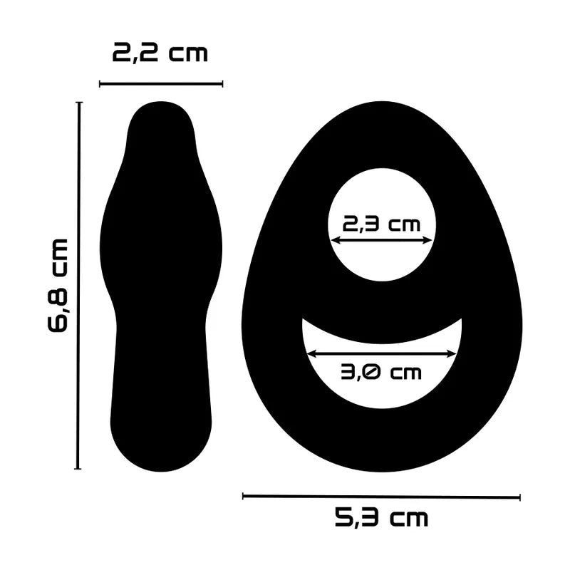 Anneau pénien silicone noir, forme ovale avec support scrotal intégré, dimensions visibles, hypoallergénique et extensible.