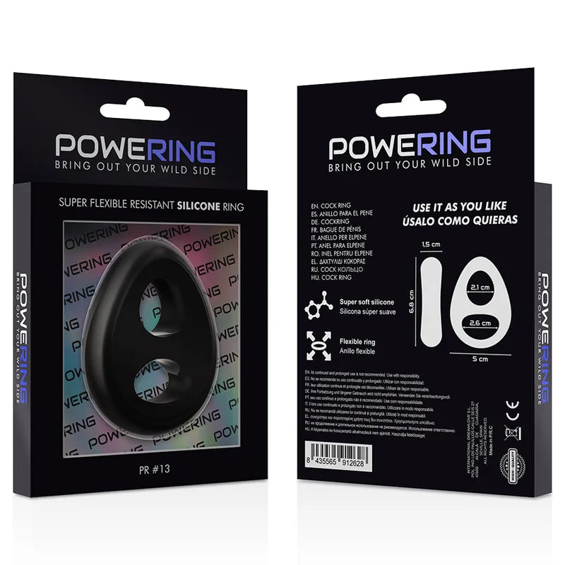 Anneau pénien silicone noir extensible avec maintien scrotum, emballage Powering, amélioration endurance et sensibilité.