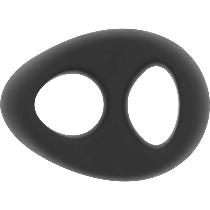 Anneau pénien noir en silicone hypoallergénique, forme ergonomique avec maintien scrotum, extensible et confortable.