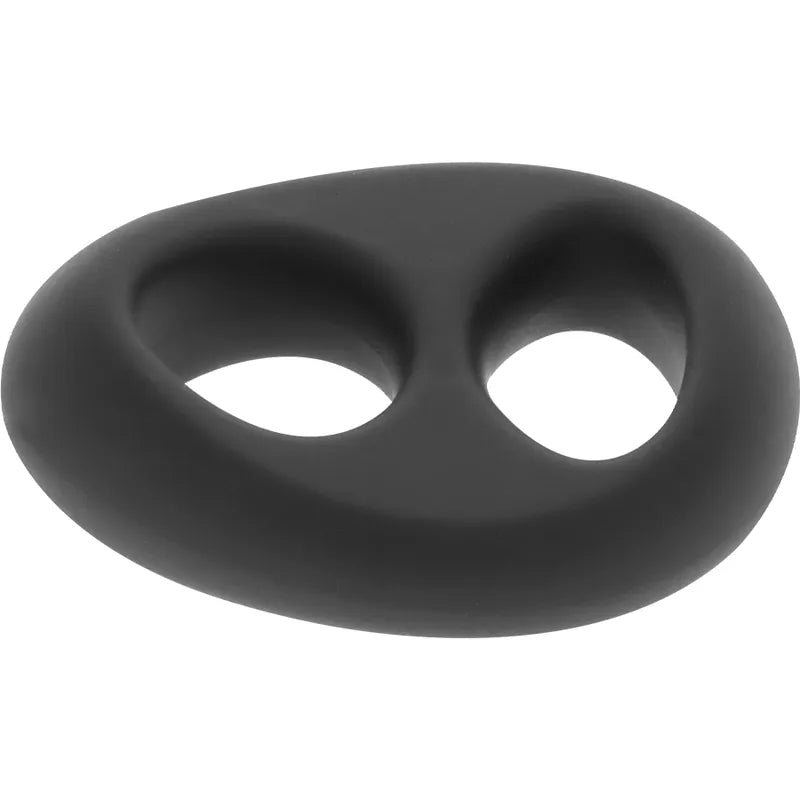 Anneau pénien noir en silicone hypoallergénique, forme ergonomique, deux ouvertures, extensible, confort et sécurité.