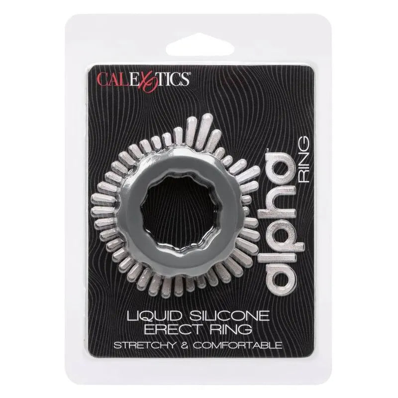 Anneau pénien silicone liquide extensible, perlé, gris, emballage noir, amélioration érection, plaisir intense.