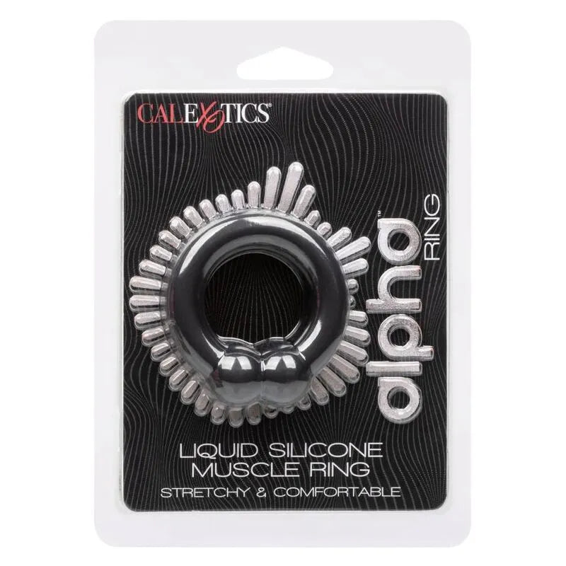 Anneau pénien en silicone liquide noir, ultra-extensible, sur fond d'emballage noir et argent, optimisateur de plaisir.