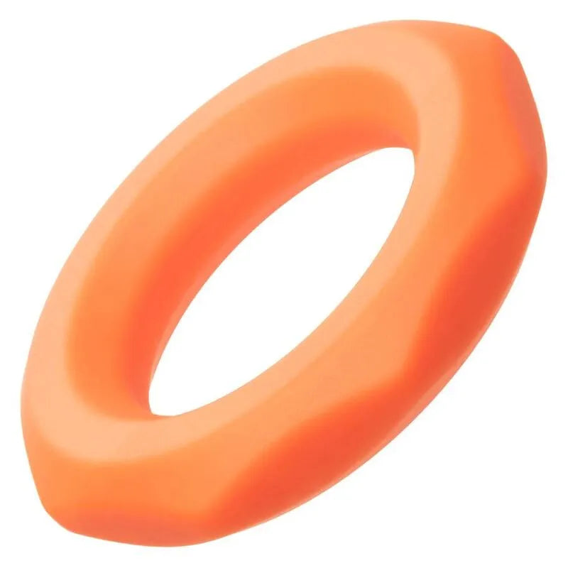 Anneau pénien hexagonal orange en silicone liquide extensible, ergonomique et hypoallergénique pour endurance et intensité.