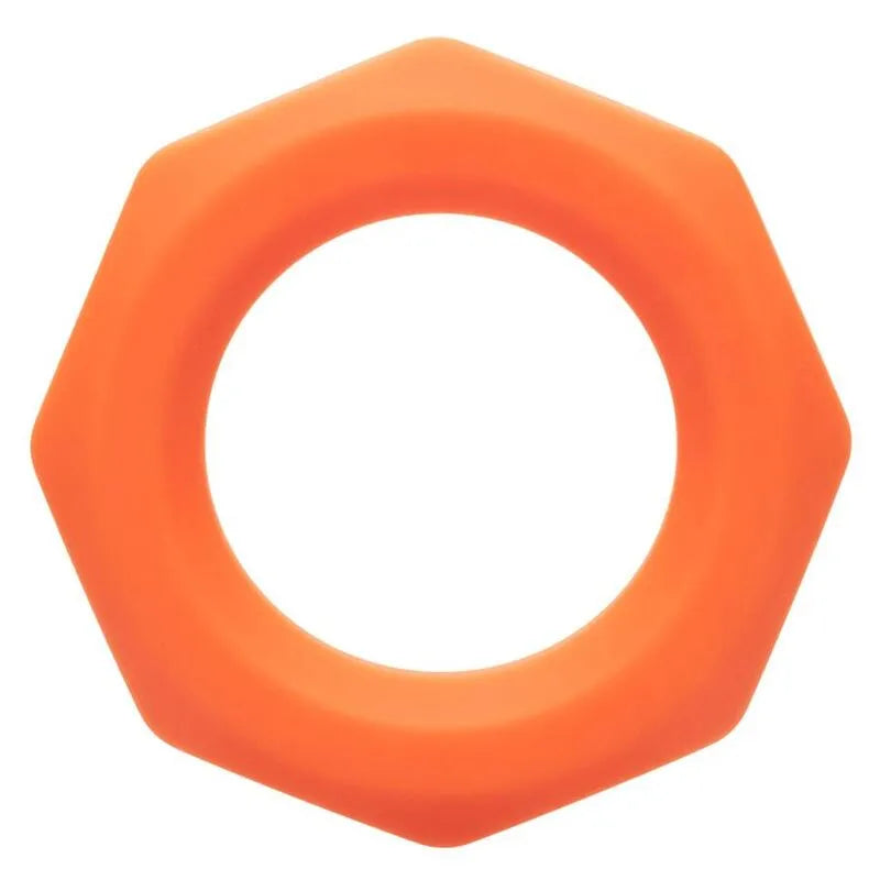 Anneau pénien hexagonal orange en silicone liquide extensible, design ergonomique et hypoallergénique, pour endurance.