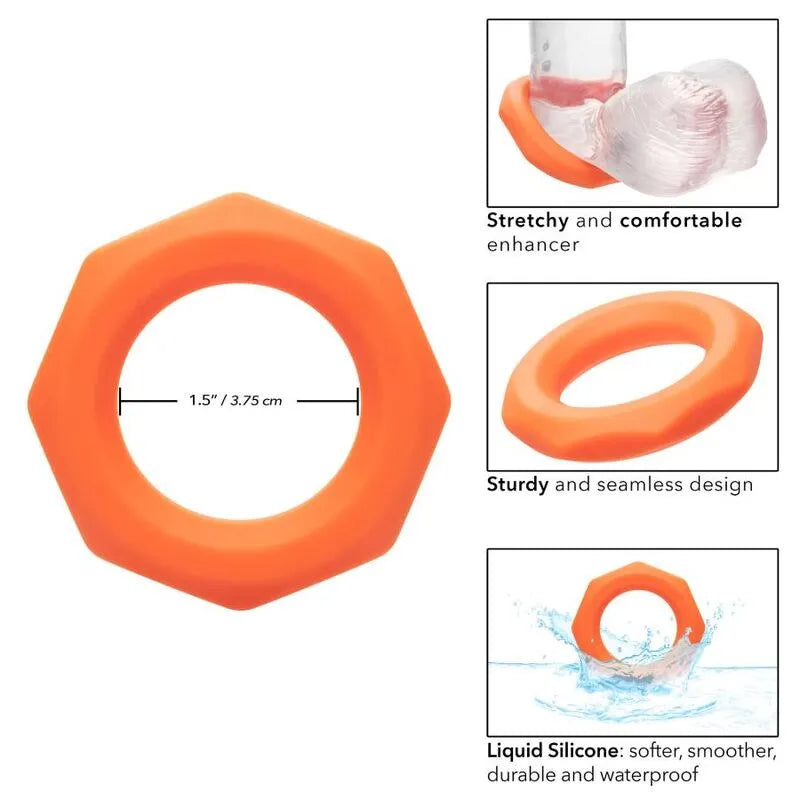 Anneau pénien hexagonal orange en silicone liquide extensible, design ergonomique et imperméable pour endurance et confort.