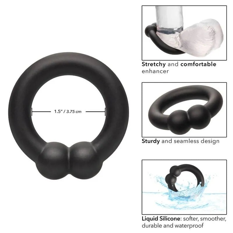 Anneau pénien noir en silicone liquide, ultra-extensible et sans soudure, pour confort et intensification des sensations.