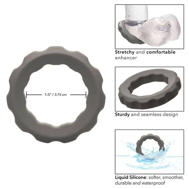 Anneau pénien gris en silicone liquide extensible, perlé, imperméable, doux et durable pour plaisir intense et confort.