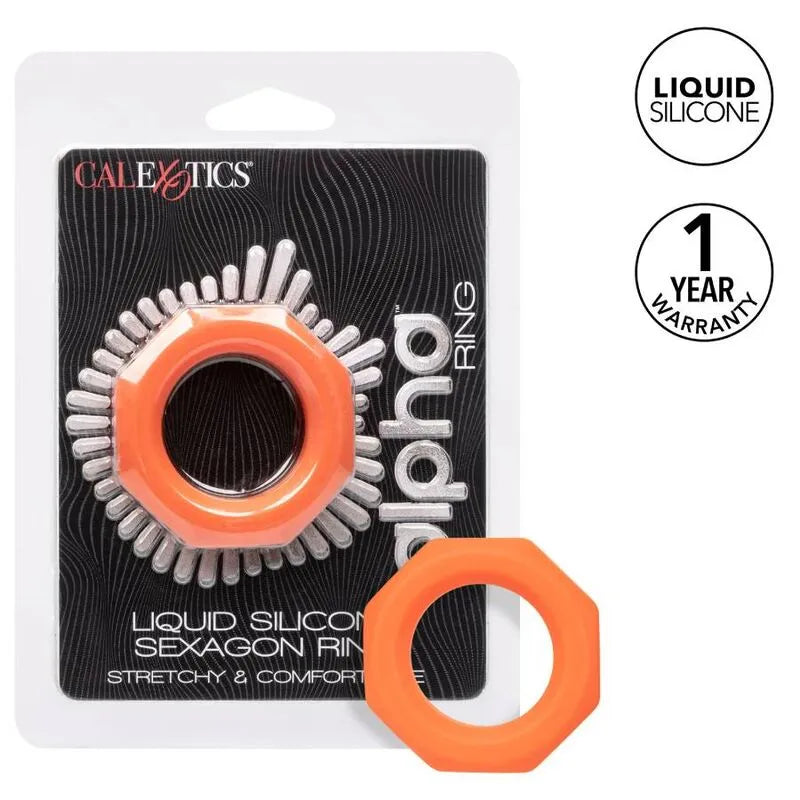 Anneau pénien hexagonal orange en silicone liquide extensible, design ergonomique, sur fond d'emballage noir et blanc.