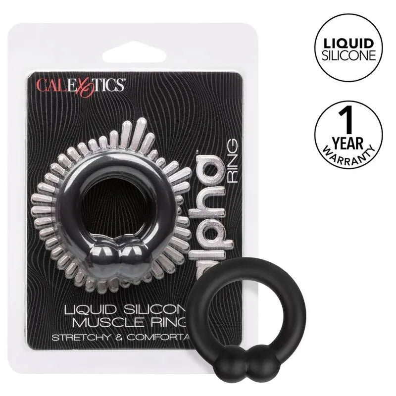 Anneau pénien noir en silicone liquide, ultra extensible, sur fond d'emballage, amélioration performance et confort.