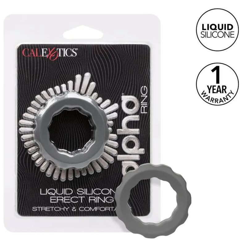 Anneau pénien en silicone liquide gris perlé, extensible, sur fond d'emballage noir avec texte descriptif.