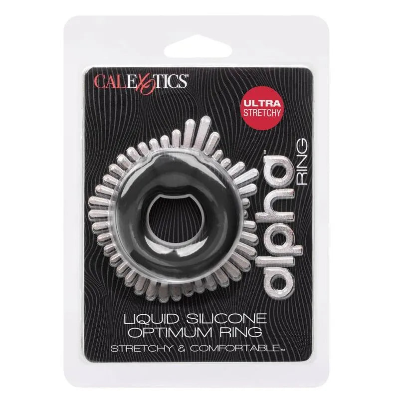 Anneau pénien silicone liquide noir, extensible, robuste, sur fond d'emballage noir avec texte blanc et rouge.