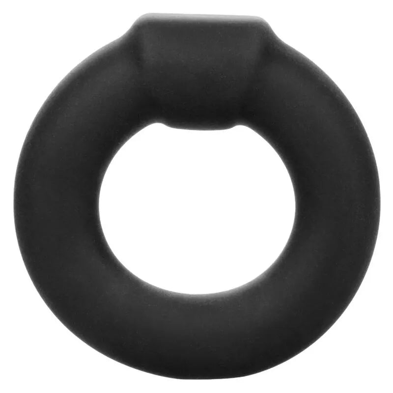 Anneau pénien noir en silicone liquide, extensible et lisse, design robuste et imperméable pour confort et endurance.