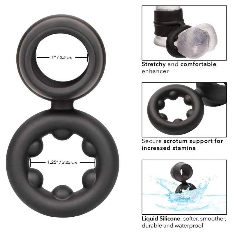 Anneau pénien noir en silicone liquide, double soutien scrotum, extensible, étanche, ultra-moelleux, stimulant endurance.