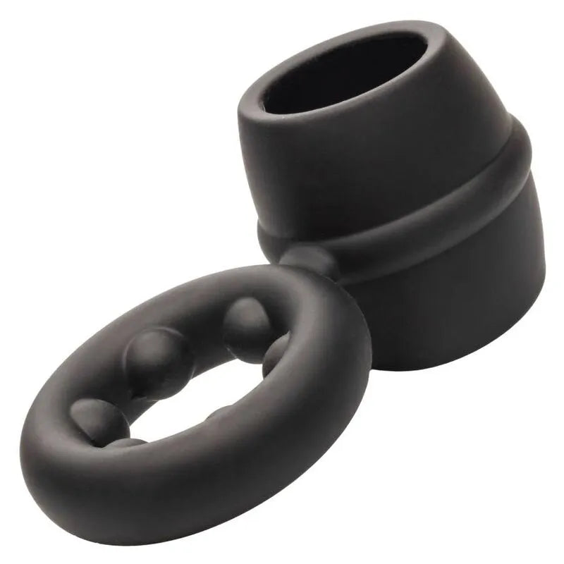 Anneau pénien noir en silicone liquide, double soutien scrotum, texture moelleuse et extensible, étanche et hypoallergénique.