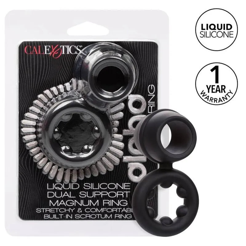 Anneau pénien noir en silicone liquide, double soutien, extensible, avec texture moelleuse et design ergonomique.
